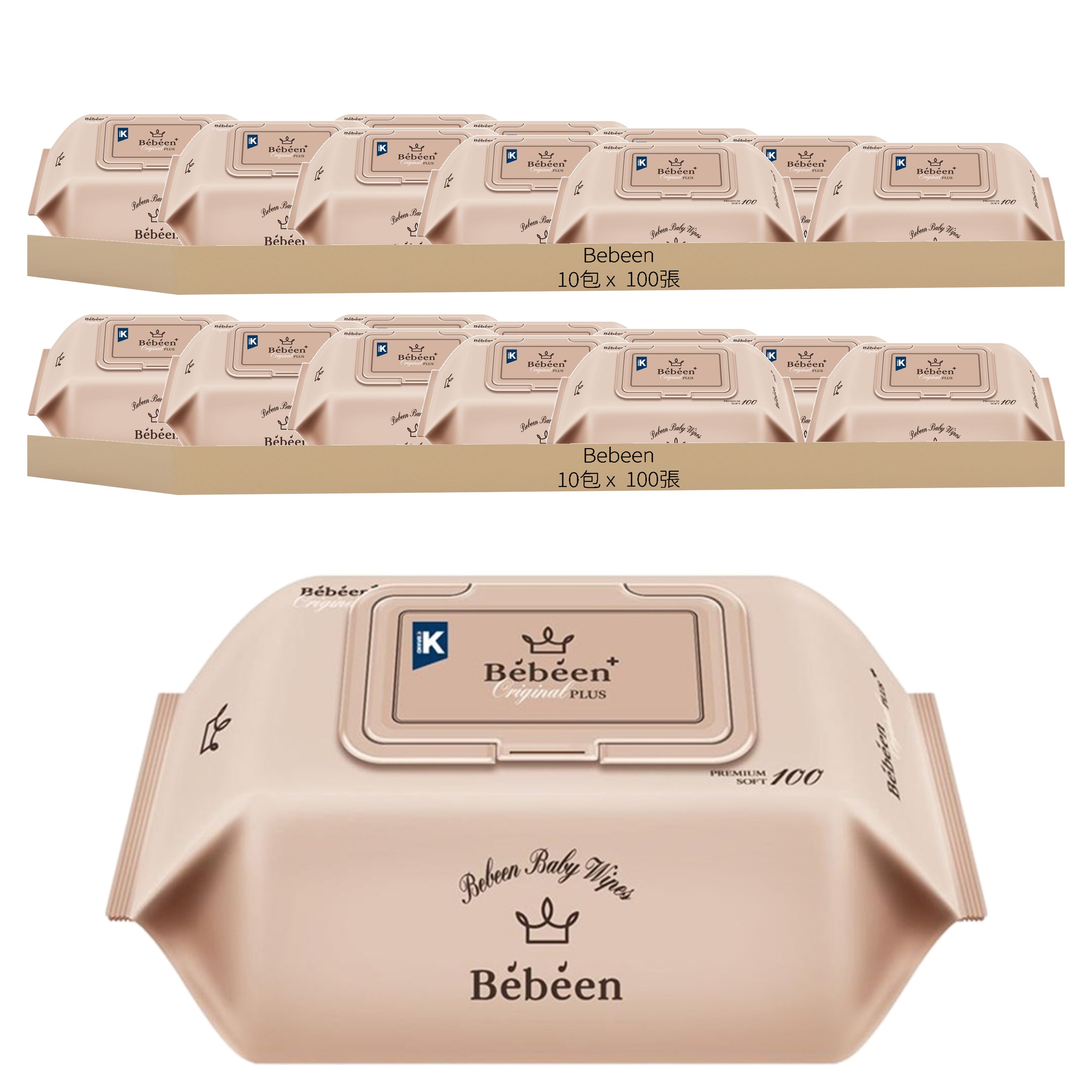 Bebeen Original Plus 濕紙巾 掀蓋式, 55gsm, 100張, 20包